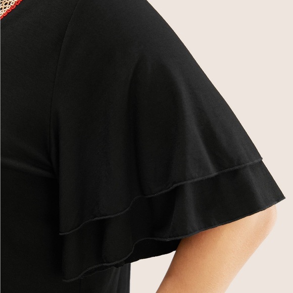 Bloomchic 1X Solid Crochet Lace Ruffle Tiered Sleeve V Neck T-shirt NWT - Picture 5 of 14